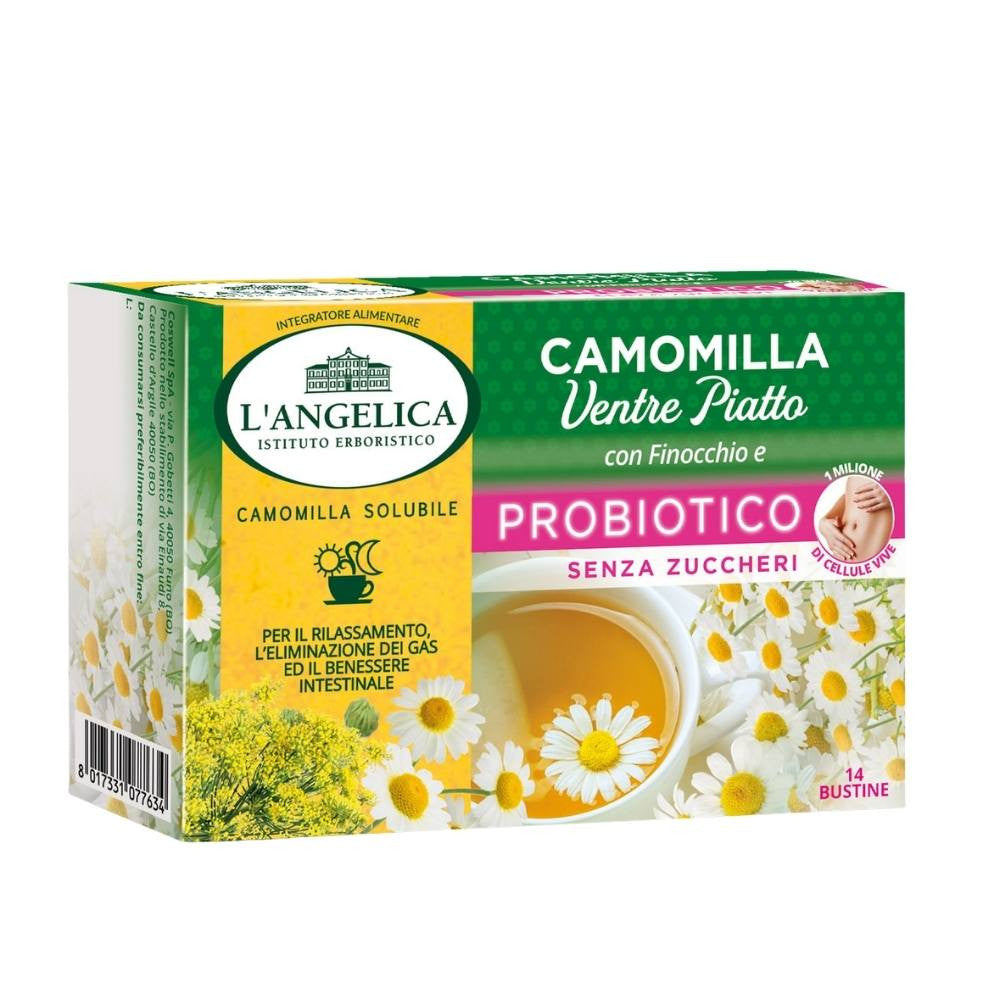 L'Angelica Camomilla Solubile Ventre Piatto con Finocchio e Probiotico - Confezione da 14 Bustine (Senza Zuccheri)