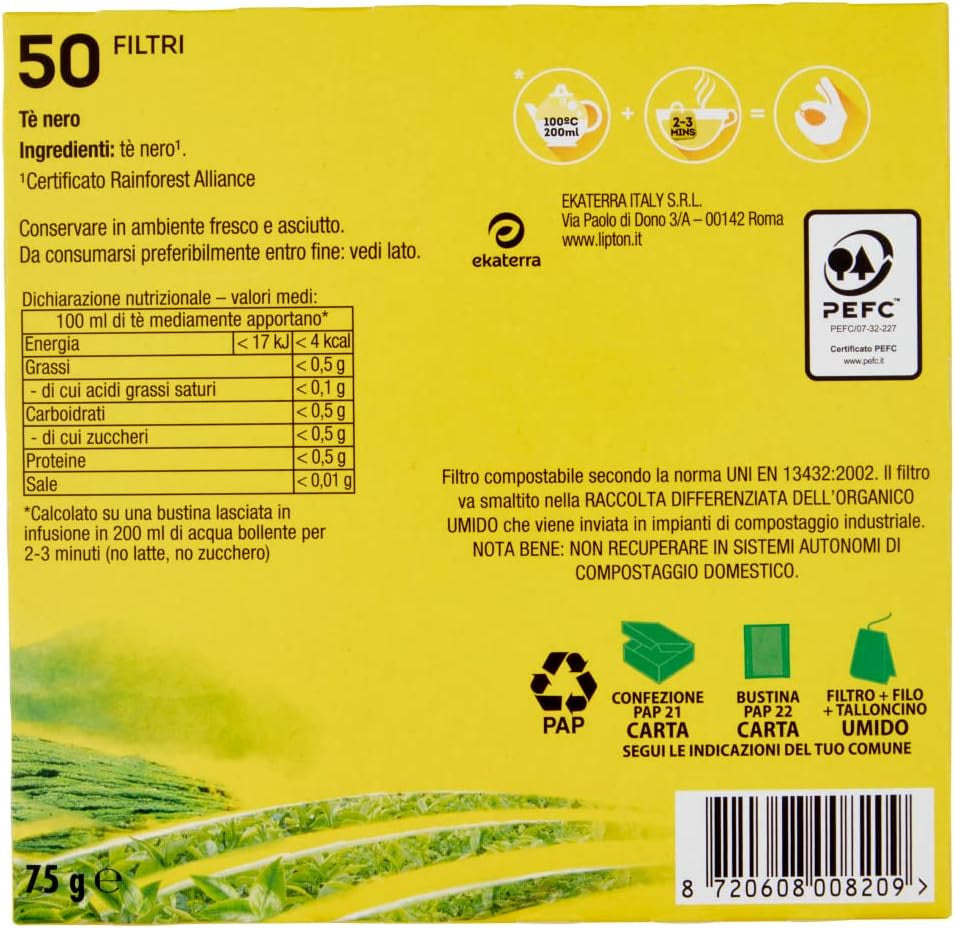 Lipton Yellow Label Black Tea - Confezione da 50 Filtri di Tè Nero