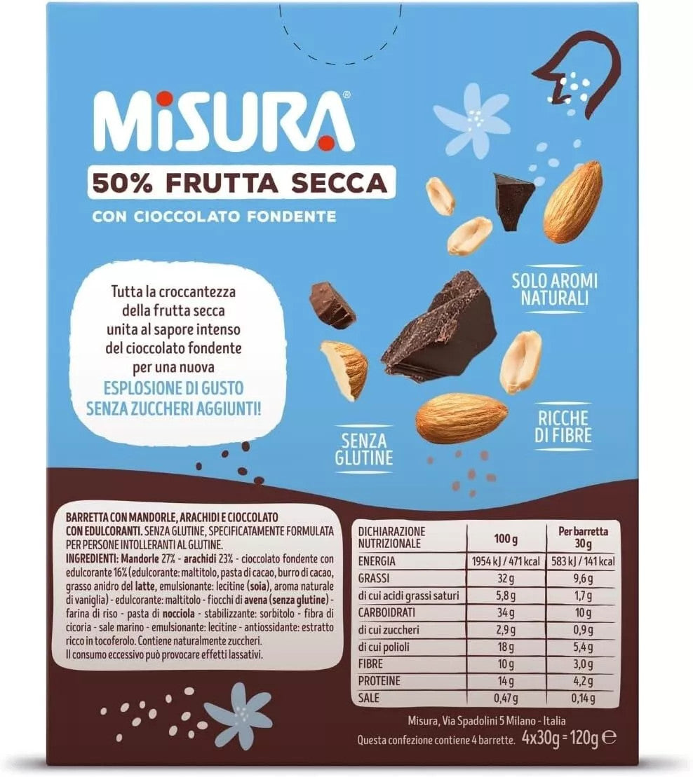 Misura Barrette Frutta Secca Cioccolato Fondente 4x30gr Senza Glutine e Zuccheri