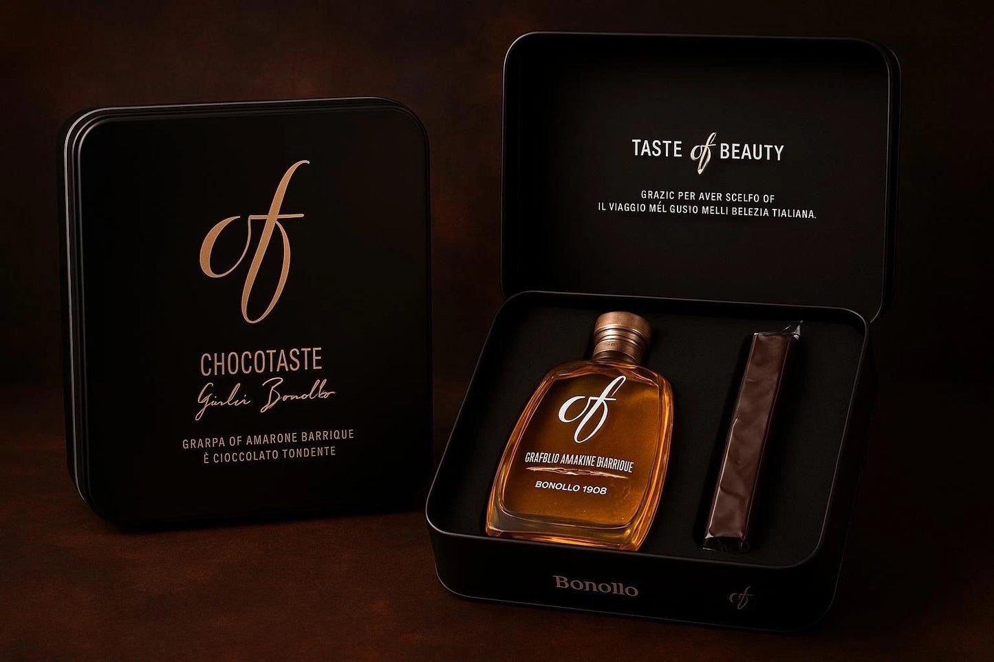 Bonollo OF Chocotaste - Scatola in Latta con Grappa OF Amarone Barrique e Sigaro di Cioccolato