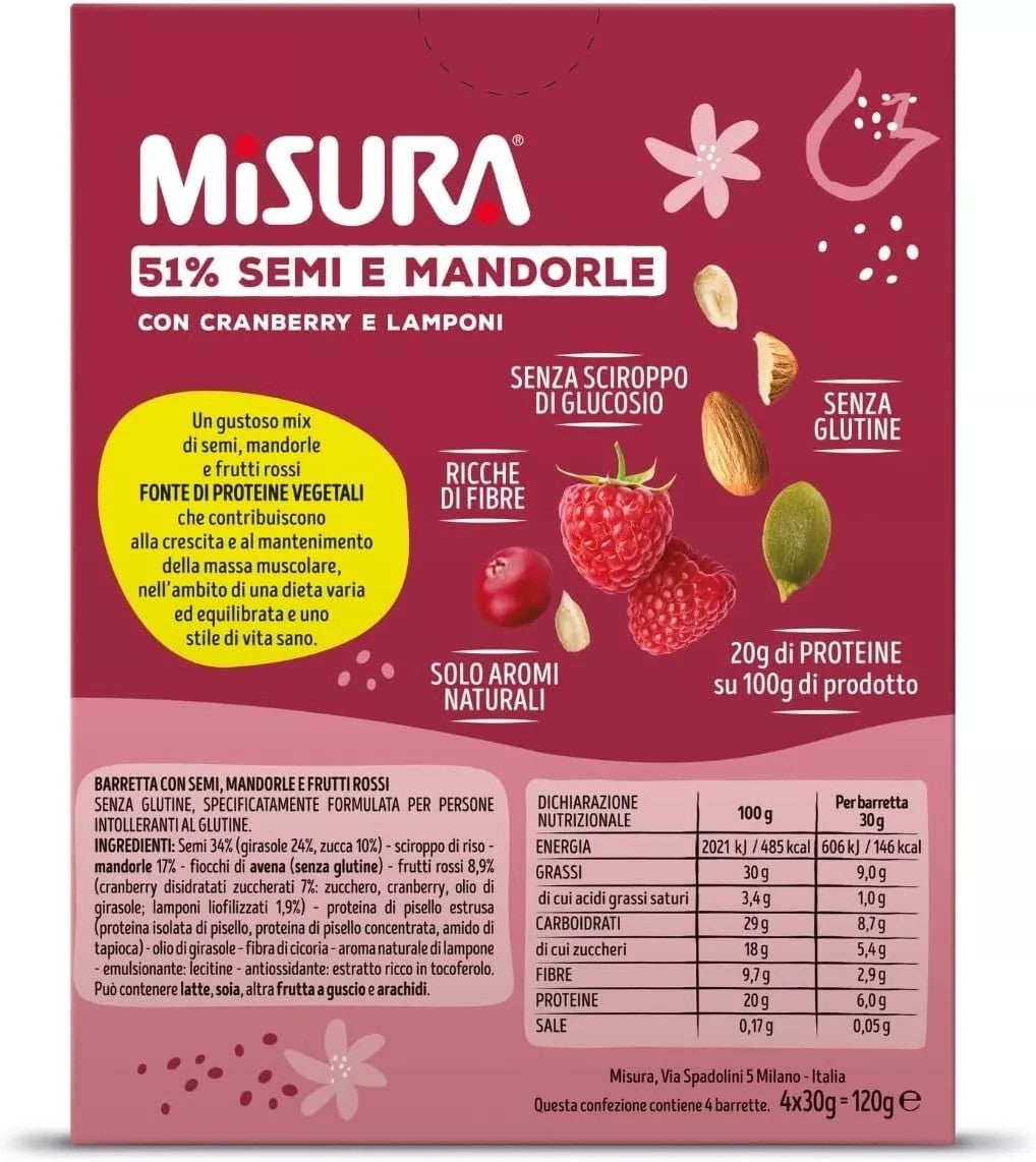 Misura Barrette Protein Semi e Mandorle Cranberry e Lamponi 4x30gr Senza Glutine