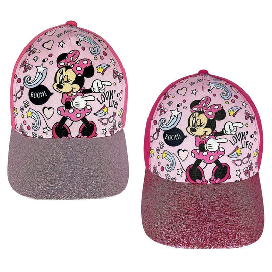 Minnie Disney Mouse - Cappellino 52cm con Visiera Rosa Glitterato e Grafica All-Over