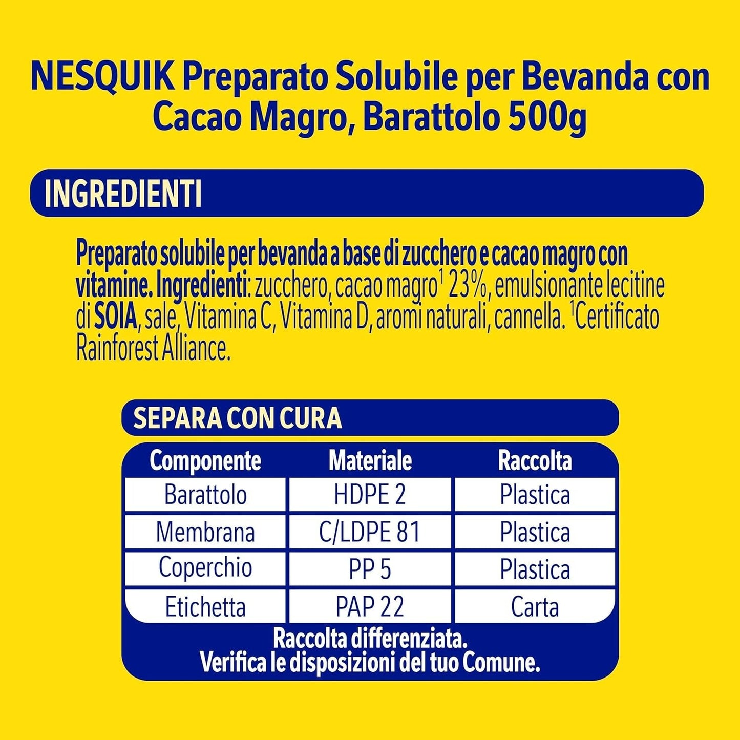 Nestlé Nesquik Solubile 500 gr in Polvere per Latte - Barattolo