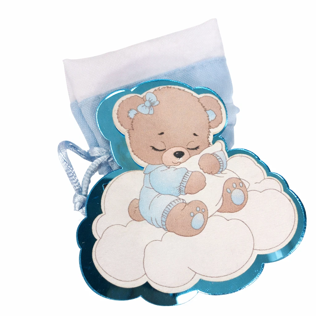 Sacchetto Nascita Orsetto Azzurro Nuvola 12 pezzi Bomboniera Battesimo Neonato