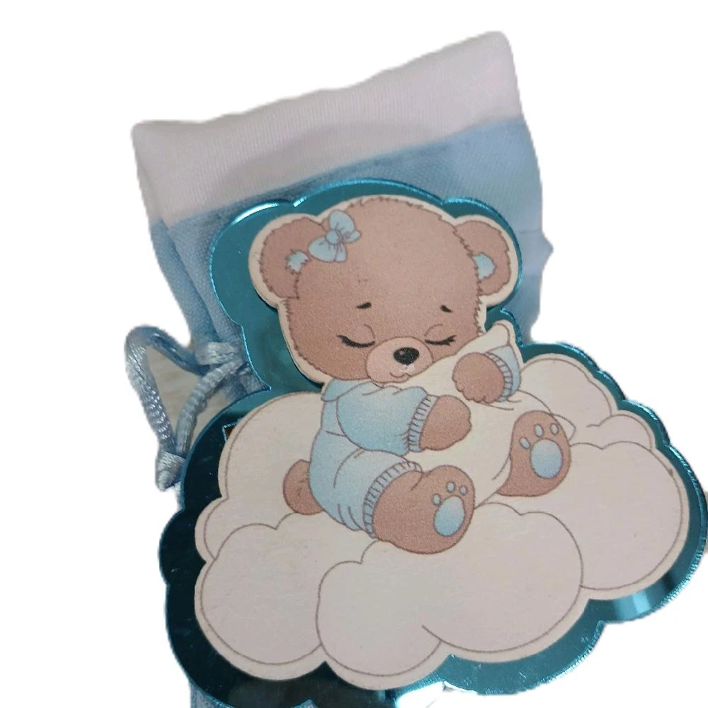 Sacchetto Nascita Orsetto Azzurro Nuvola 12 pezzi Bomboniera Battesimo Neonato