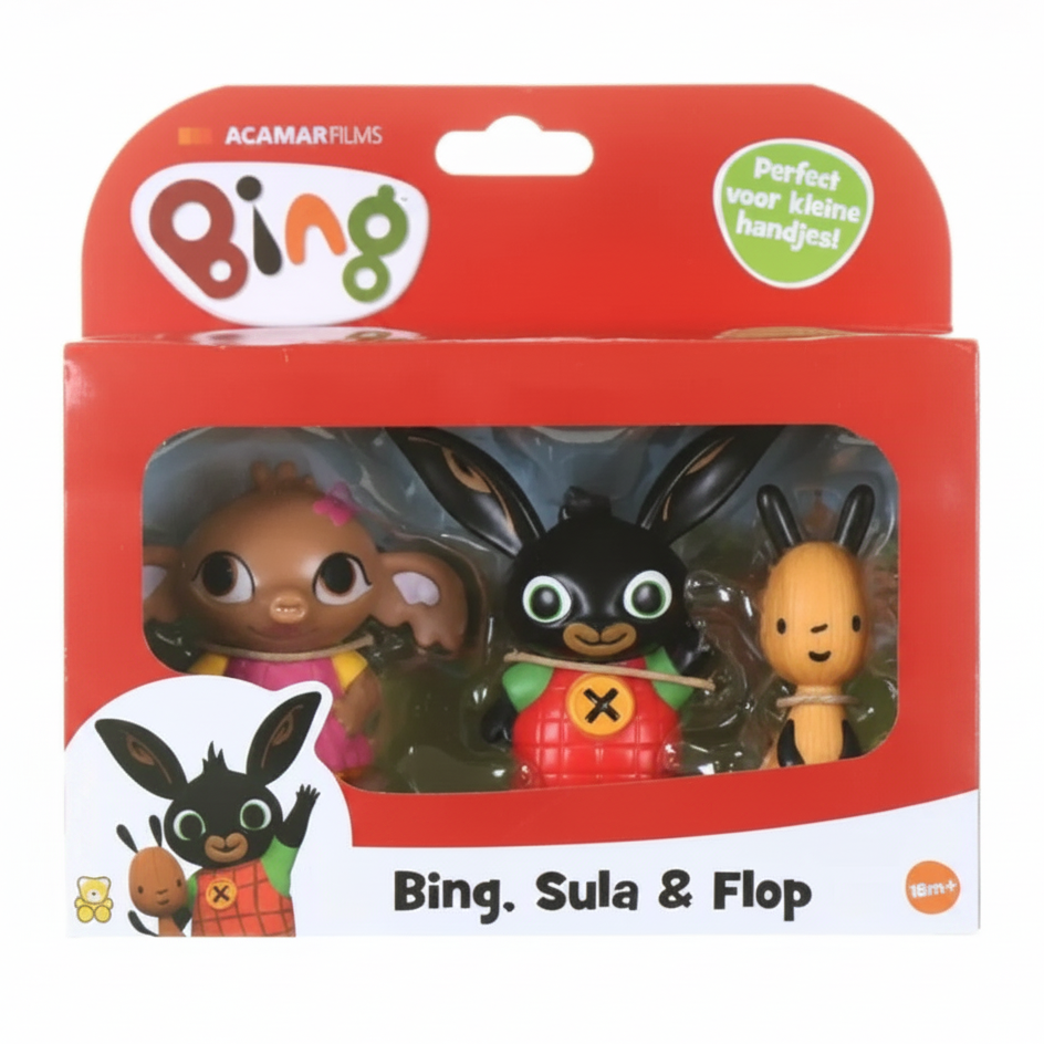 Confezione rossa del set di 3 action figure Bing con i personaggi di Sula, Bing e Flop visibili all'interno della finestra trasparente