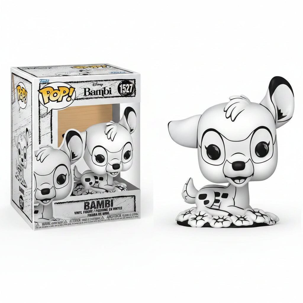 Funko Pop! Disney Bambi n. 1527 in versione in bianco e nero, raffigurante il cerbiatto sdraiato sui fiori, accompagnato dalla sua scatola da collezione con finestra