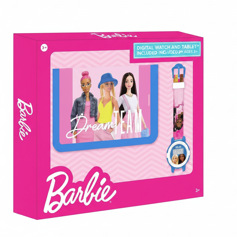 Confezione regalo rosa Barbie "Dream Team" contenente un tablet giocattolo e un orologio digitale coordinato su sfondo bianco