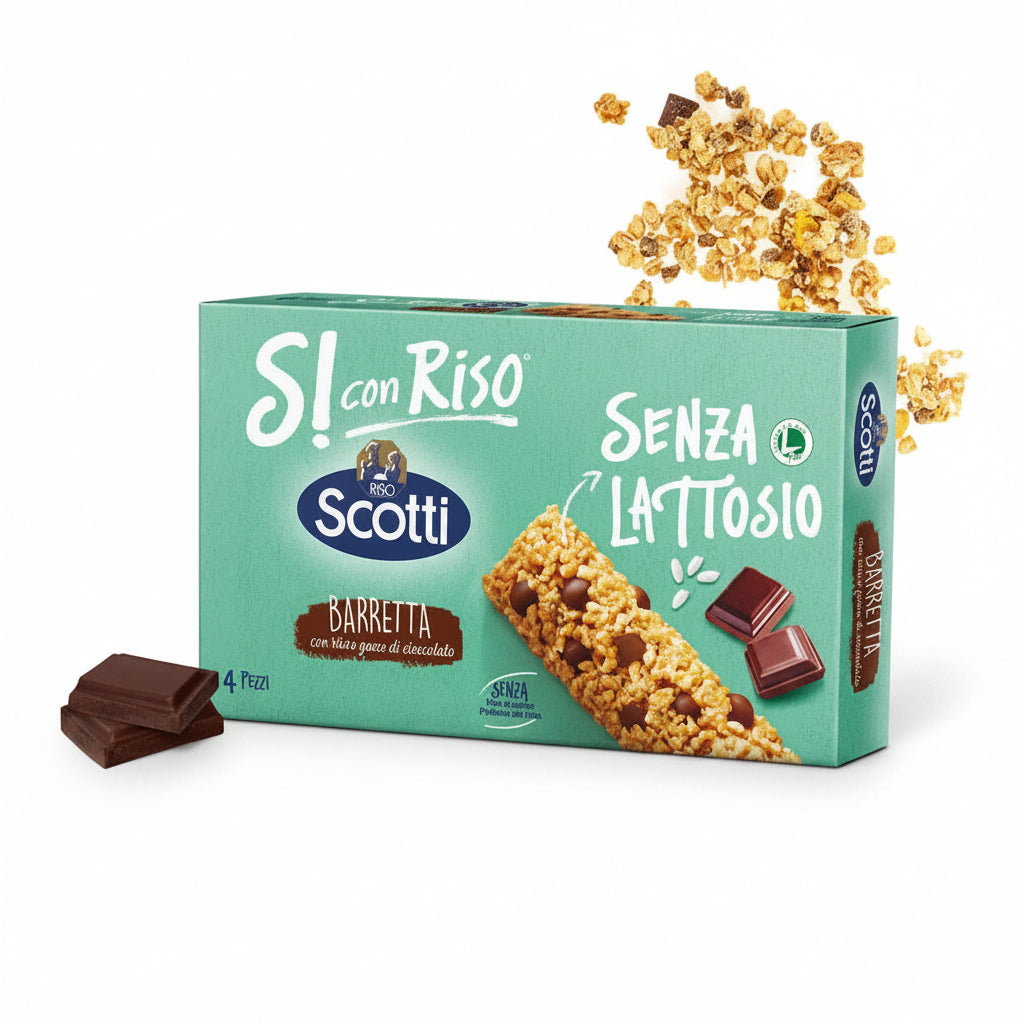Scotti Barrette Senza Lattosio Snack con Riso e Gocce Cioccolato 4x21gr Ripieno