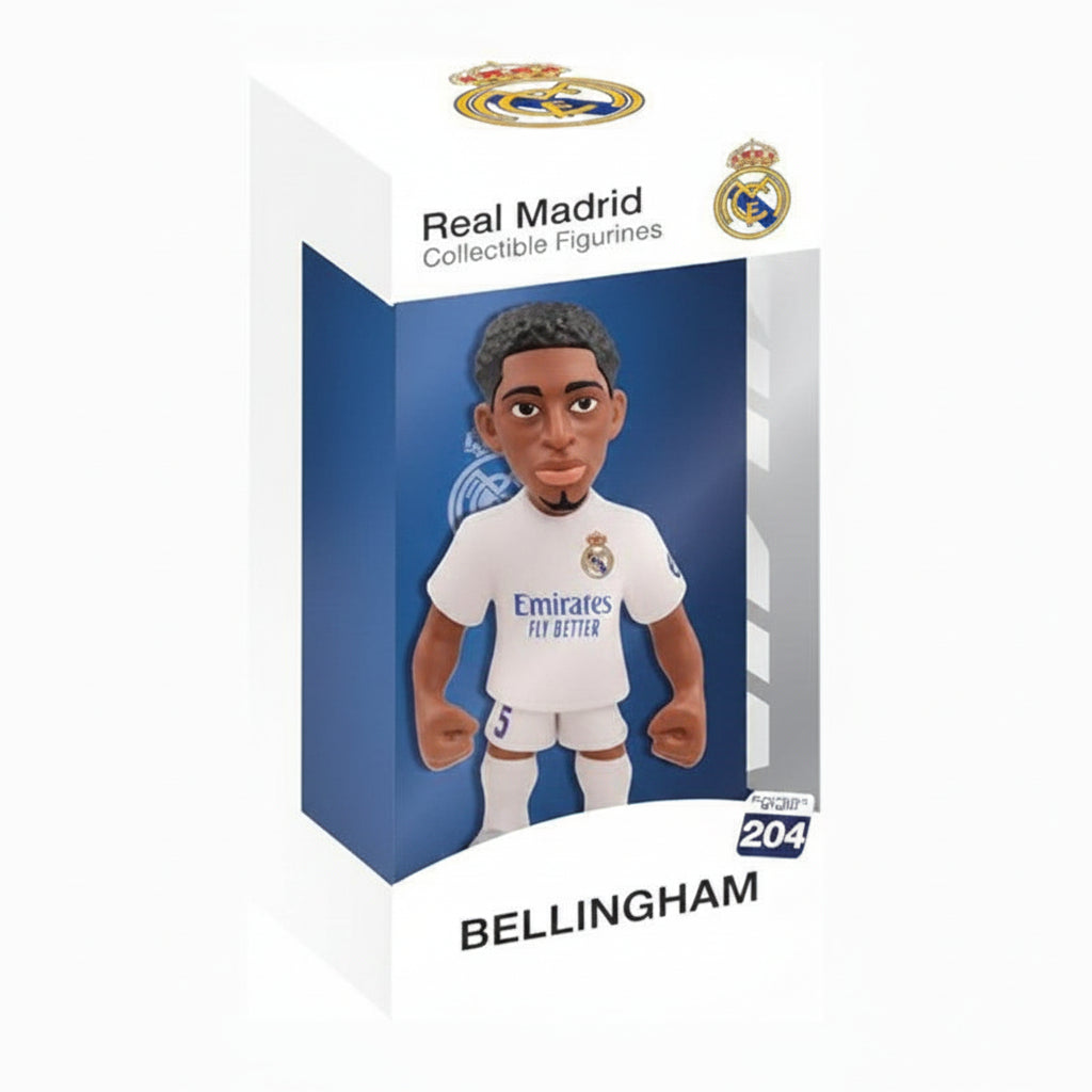 Confezione e statuetta da collezione Real Madrid di Jude Bellingham numero 204 con la maglia ufficiale bianca