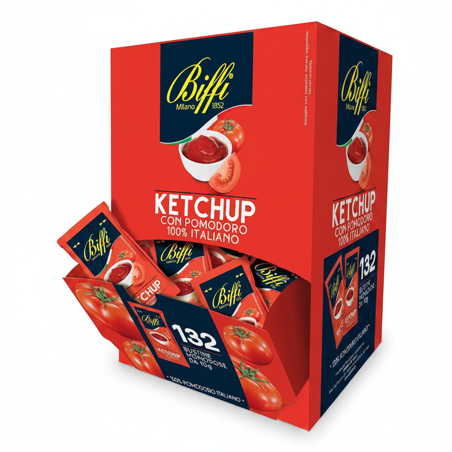 Box dispenser rosso e blu di Ketchup Biffi con 132 bustine monodose e grafiche di pomodori freschi su sfondo bianco
