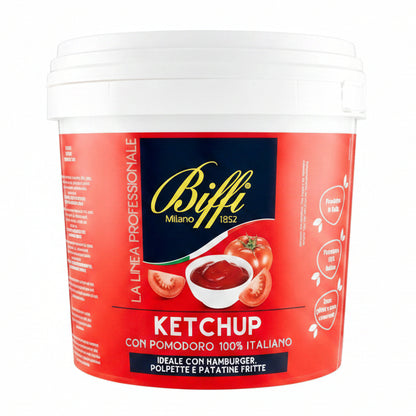 Secchiello di Ketchup Biffi Linea Professionale 5 kg con pomodoro 100% italiano e grafica di pomodori freschi su sfondo bianco