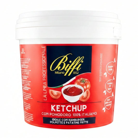 Secchiello di Ketchup Biffi Linea Professionale 5 kg con pomodoro 100% italiano e grafica di pomodori freschi su sfondo bianco