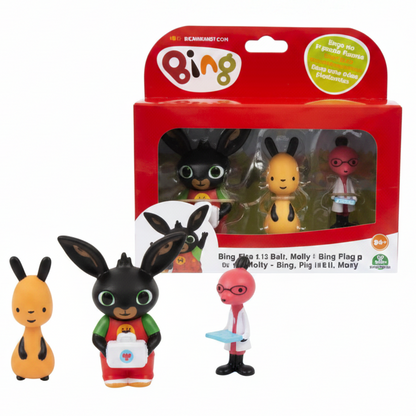 Set di 3 action figure di Bing con Bing dottore con valigetta, Flop e la Dottoressa Molly accanto alla confezione originale rossa