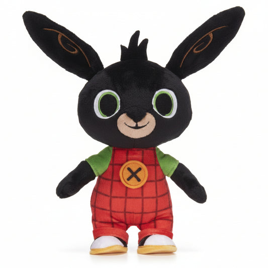 Peluche morbido del coniglietto Bing con la sua classica tutina rossa a quadri, maglia verde e lunghe orecchie nere