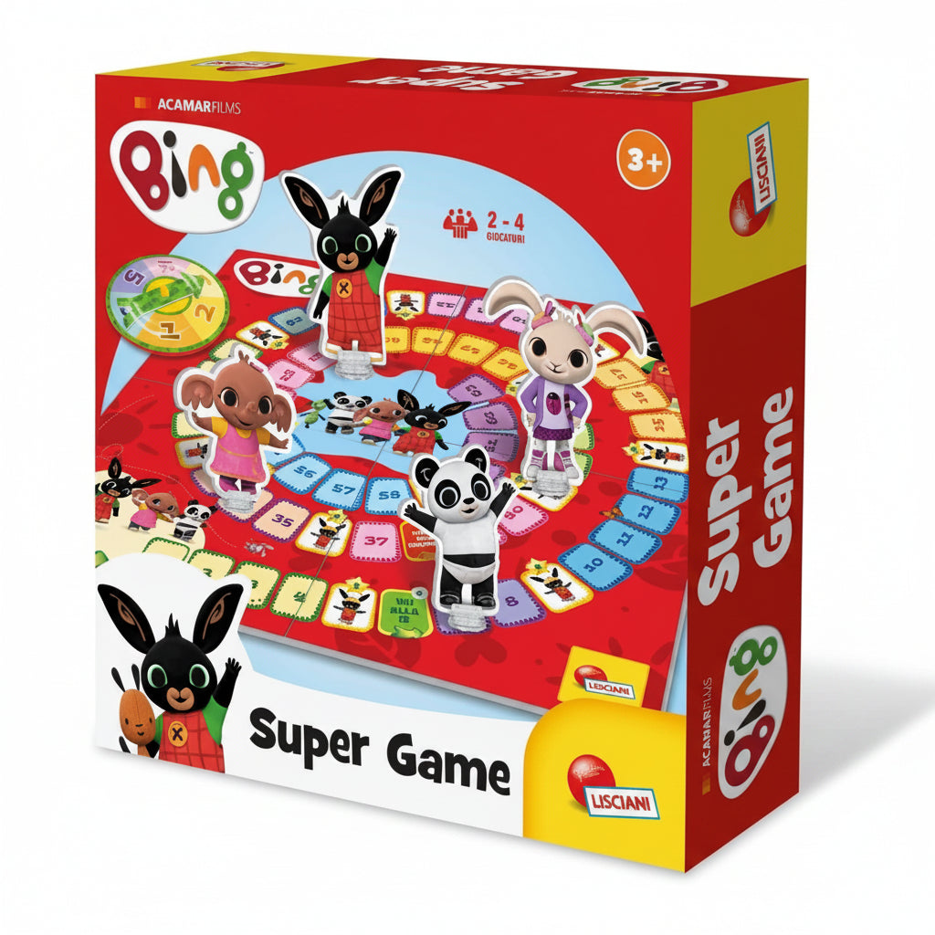 Confezione del gioco da tavolo Bing Super Game di Lisciani con il tabellone colorato e le sagome dei personaggi Bing, Sula e Pando