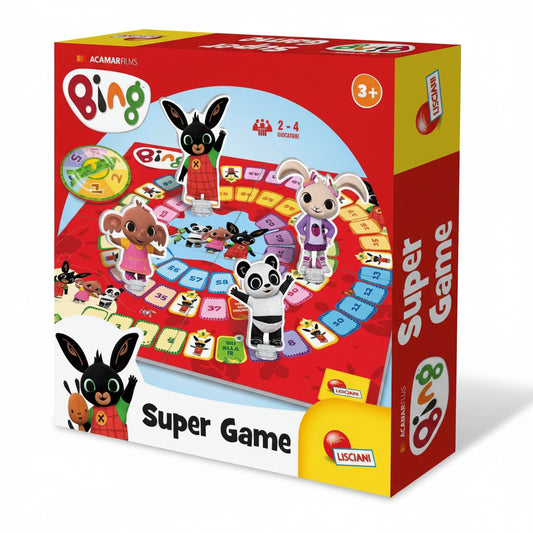 Confezione del gioco da tavolo Bing Super Game di Lisciani con il tabellone colorato e le sagome dei personaggi Bing, Sula e Pando