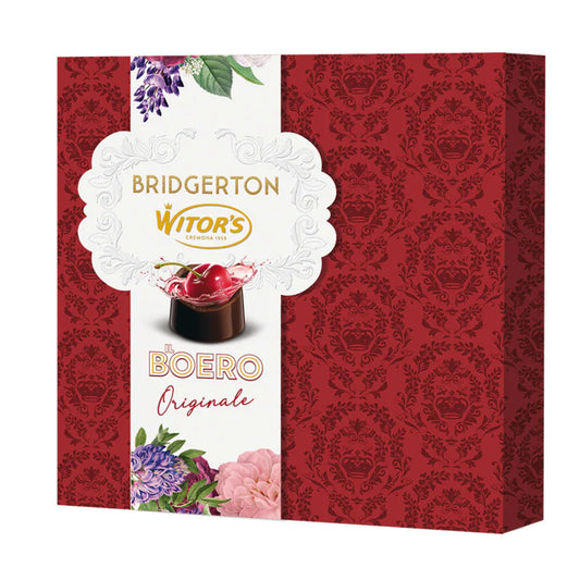 Confezione regalo Witor's Bridgerton Il Boero Originale con grafica damascata rossa e dettagli floreali su sfondo bianco