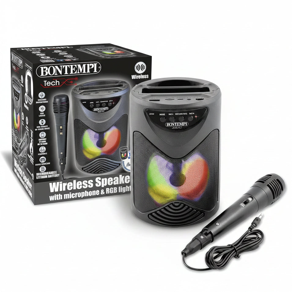 Wireless speaker Bontempi Tech nero con luci LED RGB e microfono a filo accanto alla scatola di imballaggio originale