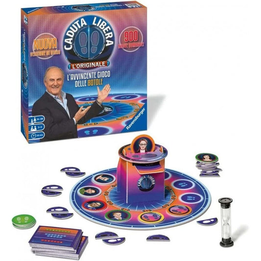 Confezione e componenti del gioco da tavolo Caduta Libera di Ravensburger con la plancia circolare, la torre centrale con botola e le carte quiz