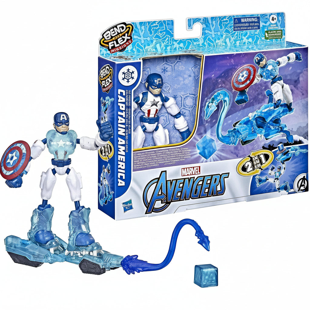 Action figure di Captain America Marvel Avengers Bend and Flex Missions di Hasbro con scudo, base veicolo di ghiaccio e accessori blu trasparente
