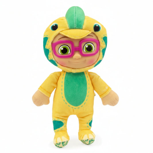 Peluche morbido di Cody da Cocomelon con costume da dinosauro giallo e verde, cappuccio e occhiali rosa