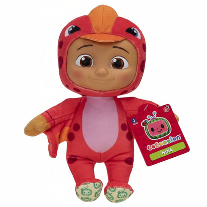 Peluche morbido di Nina da Cocomelon con costume da dinosauro pterodattilo rosso e arancione, cappuccio e cartellino ufficiale