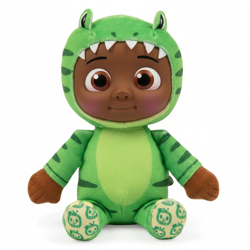 Peluche morbido di Cocomelon con costume da dinosauro verde, cappuccio con denti bianchi e dettagli decorati sui piedi