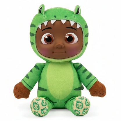 Peluche morbido di Cocomelon con costume da dinosauro verde, cappuccio con denti bianchi e dettagli decorati sui piedi