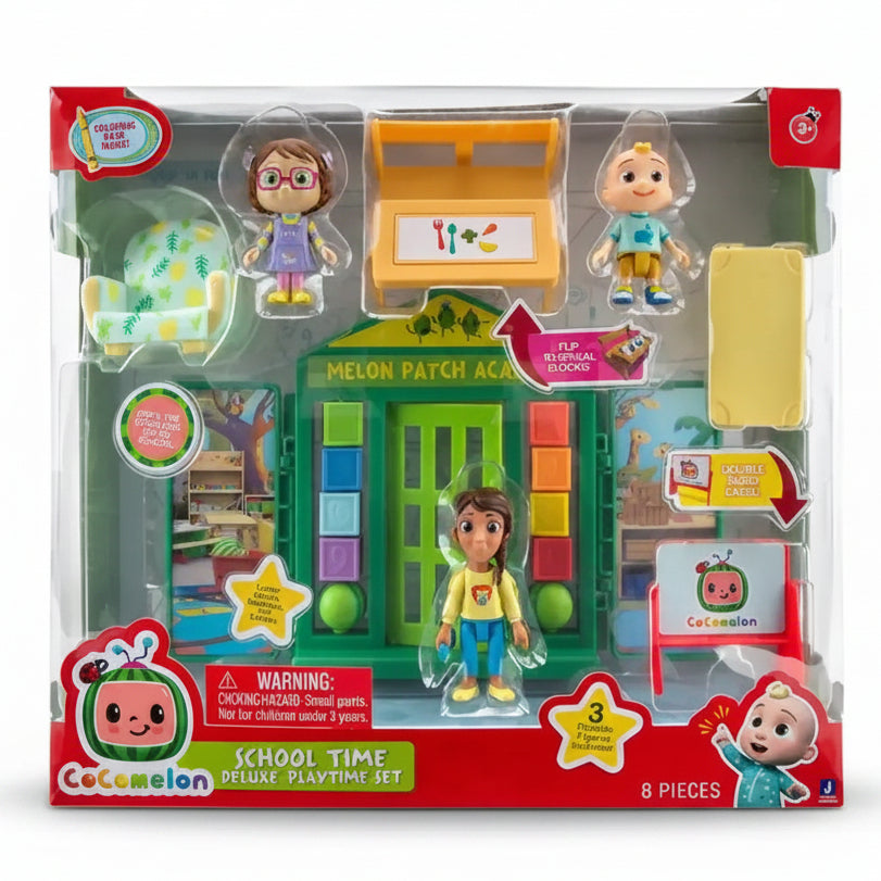 Confezione del playset Cocomelon School Time Deluxe con la scuola Melon Patch Academy, personaggi e accessori visibili nella scatola trasparente