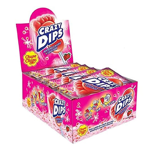Chupa Chups Crazy Dips Fragola - Box Espositore con Lecca Lecca e Caramelle Frizzanti Poppin' Candy