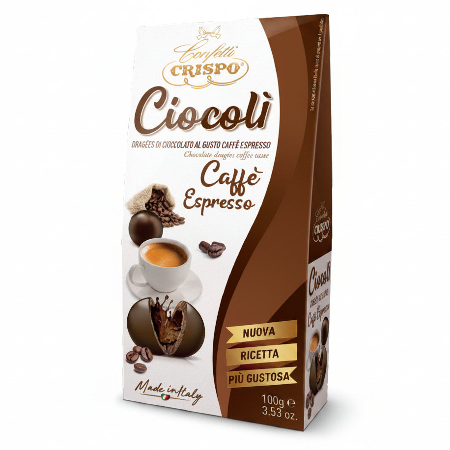 Confezione da 100g di Confetti Crispo Ciocolì dragées al gusto caffè espresso con grafica marrone e bianca su sfondo bianco