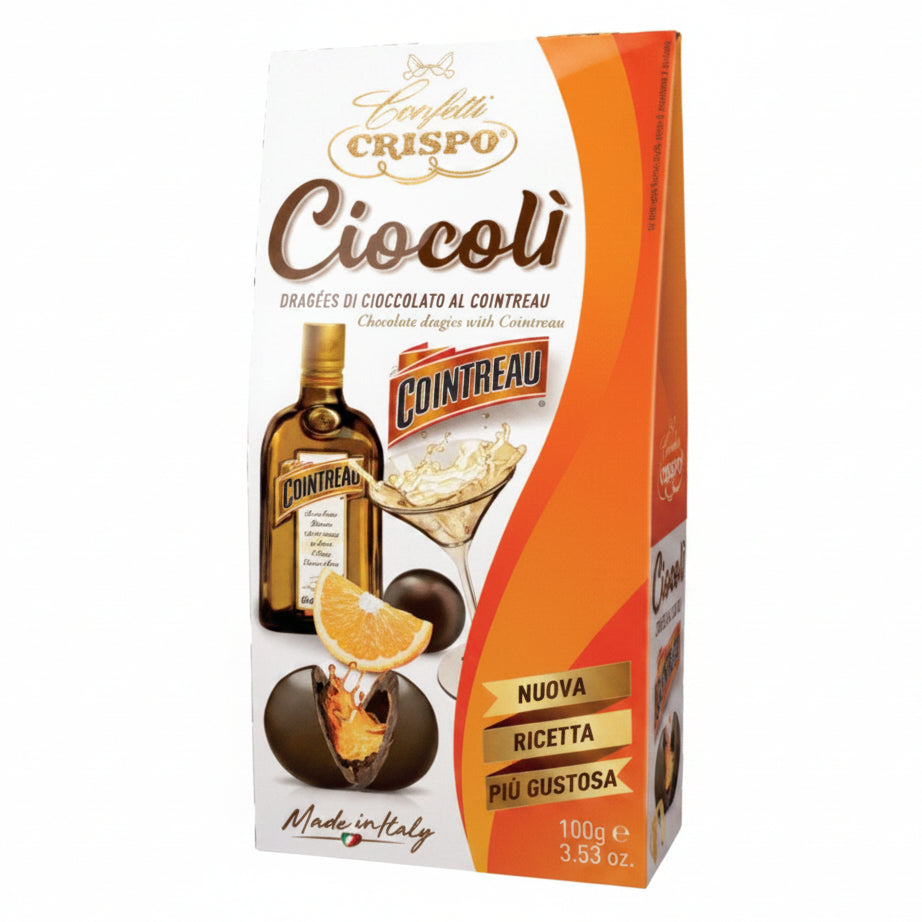 Confezione da 100g di Confetti Crispo Ciocolì dragées al Cointreau con grafica arancione e bianca su sfondo bianco