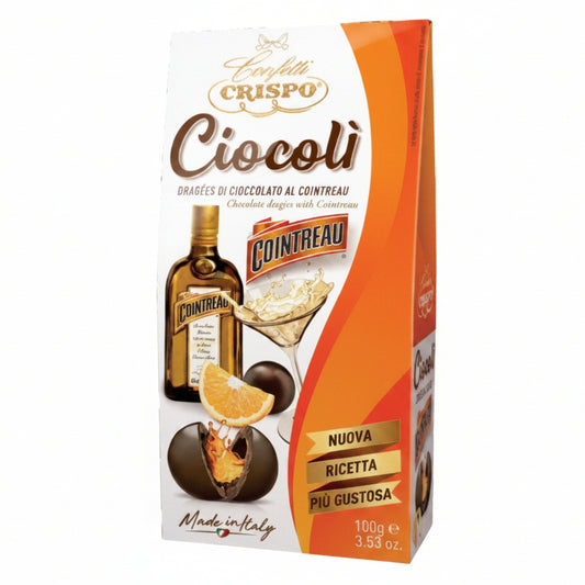 Confezione da 100g di Confetti Crispo Ciocolì dragées al Cointreau con grafica arancione e bianca su sfondo bianco