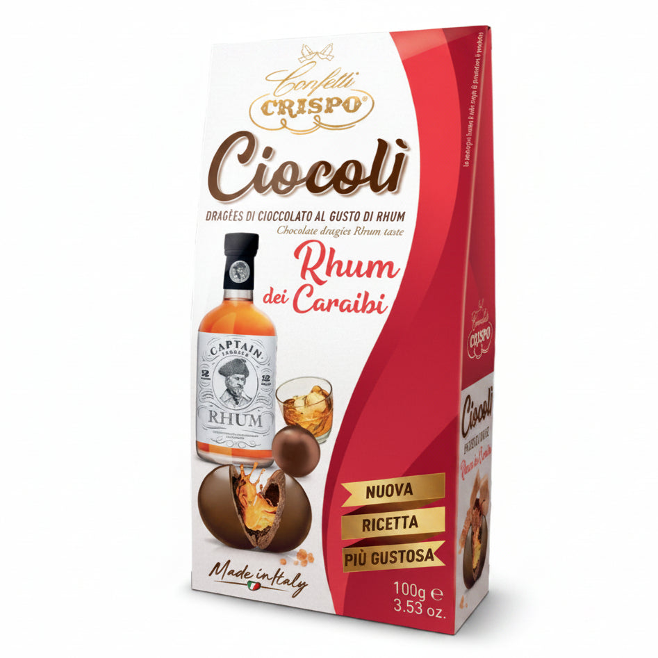 Confezione da 100g di Confetti Crispo Ciocolì dragées al Rhum dei Caraibi con grafica rossa e bianca su sfondo bianco