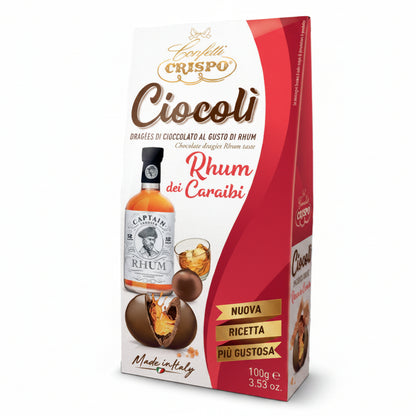 Confezione da 100g di Confetti Crispo Ciocolì dragées al Rhum dei Caraibi con grafica rossa e bianca su sfondo bianco