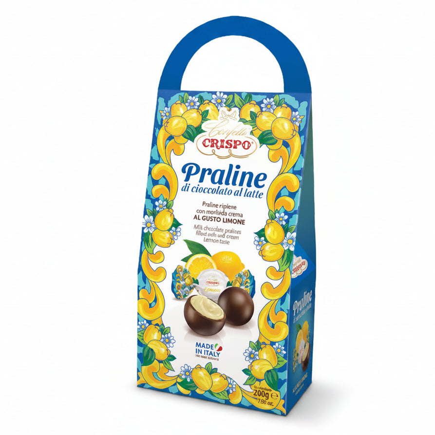 Confezione regalo con manico da 200g di praline di cioccolato al latte Crispo al gusto limone con grafica decorata a tema agrumi su sfondo bianco