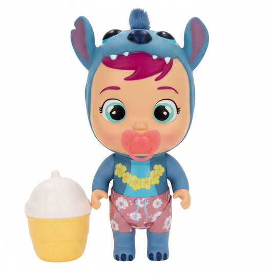 Bambola Cry Babies Magic Tears in versione Stitch con pigiamino blu, ciuccio rosa e un accessorio a forma di gelato giallo e bianco