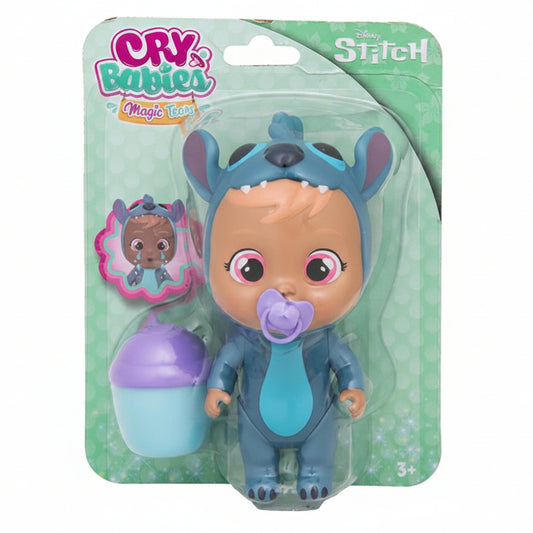 Confezione blister della bambola Cry Babies Magic Tears in versione Disney Stitch con ciuccio viola e accessorio a forma di bicchierino