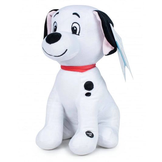 Peluche morbido e musicale di un cucciolo dalmata di Disney Classics La Carica dei 101 con macchie nere, collarino rosso e un pulsante tondo "Press Me" sulla zampa anteriore