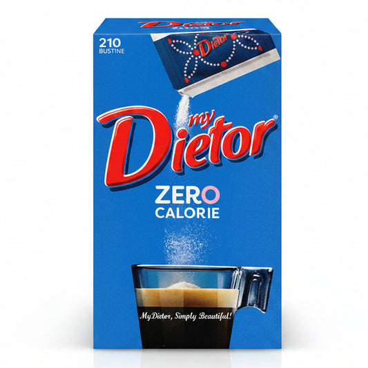 Scatola blu di My Dietor Zero Calorie con 210 bustine e immagine di una tazzina di caffè su sfondo bianco