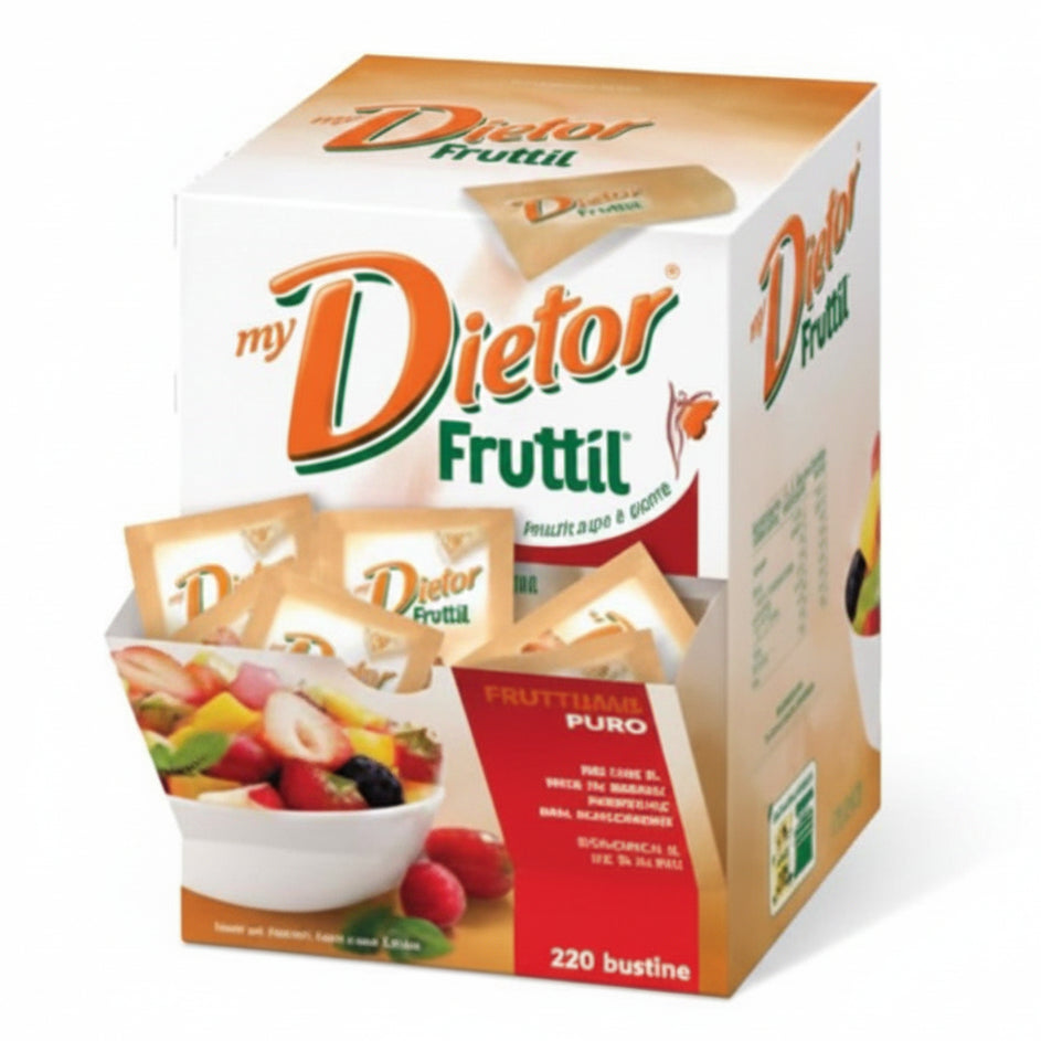 Confezione espositore di My Dietor Fruttil da 220 bustine con grafica bianca e arancione e ciotola di macedonia di frutta su sfondo bianco