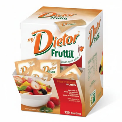 Confezione espositore di My Dietor Fruttil da 220 bustine con grafica bianca e arancione e ciotola di macedonia di frutta su sfondo bianco