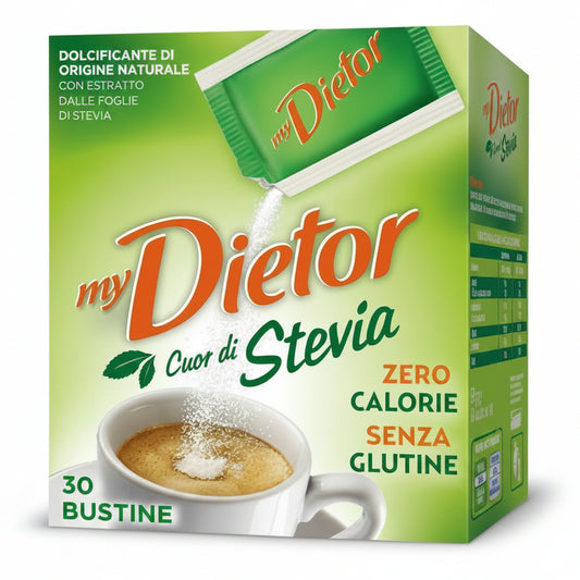 Confezione da 30 bustine di My Dietor Cuor di Stevia con grafica verde e bianca e tazzina di caffè su sfondo bianco