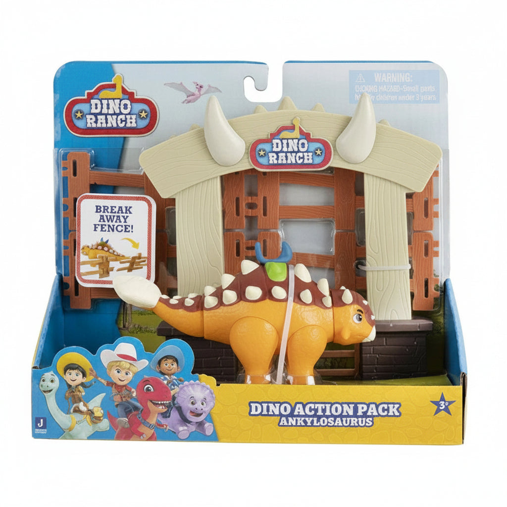 Confezione del giocattolo Dino Ranch Action Pack Ankylosaurus con il dinosauro arancione e marrone posizionato davanti a un recinto apribile