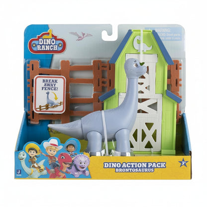 Confezione del giocattolo Dino Ranch Action Pack Brontosaurus con il dinosauro grigio posizionato davanti a un recinto apribile e una struttura a tema ranch