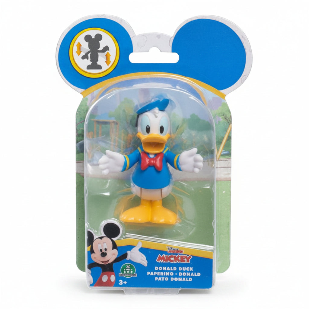 Confezione dell'action figure di Paperino (Donald Duck) della serie Disney Junior Mickey Mouse, inserita nella scatola originale sagomata a forma di testa di Topolino con finestra trasparente