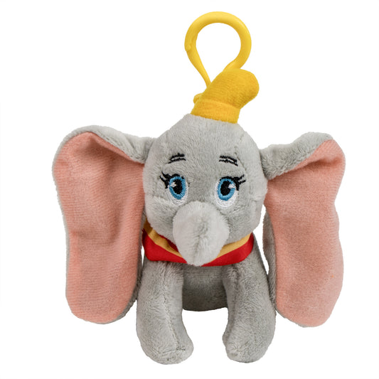 Peluche morbido di Disney Dumbo grigio con grandi orecchie rosa, collarino rosso e giallo e una clip di plastica gialla sulla testa per appenderlo