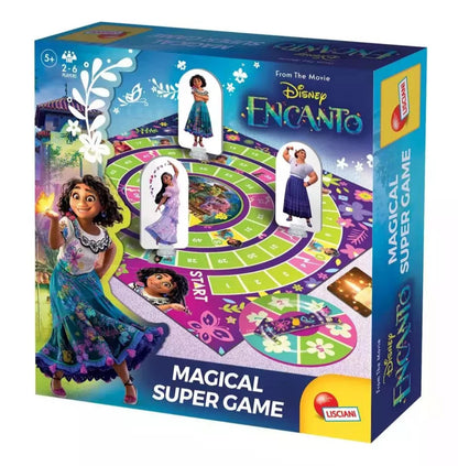 Confezione del gioco da tavolo Disney Encanto Magical Super Game di Lisciani con tabellone colorato, segnalini dei personaggi e grafica con Mirabel