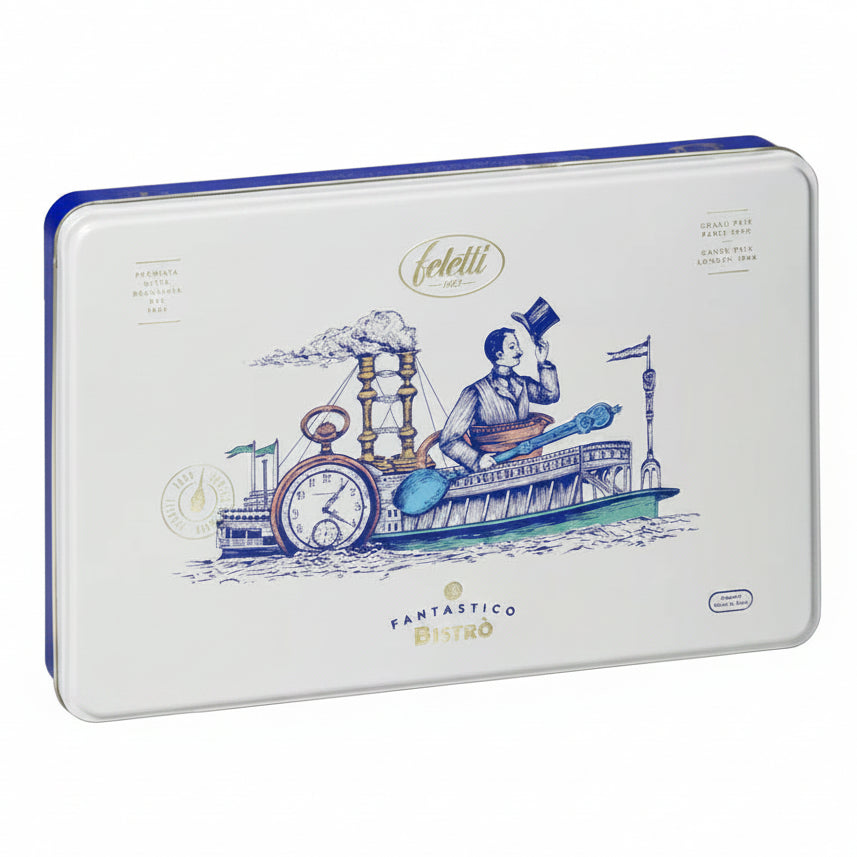Scatola in latta bianca e blu Feletti Fantastico Bistrò con illustrazione vintage di un battello steampunk e dettagli dorati su sfondo bianco